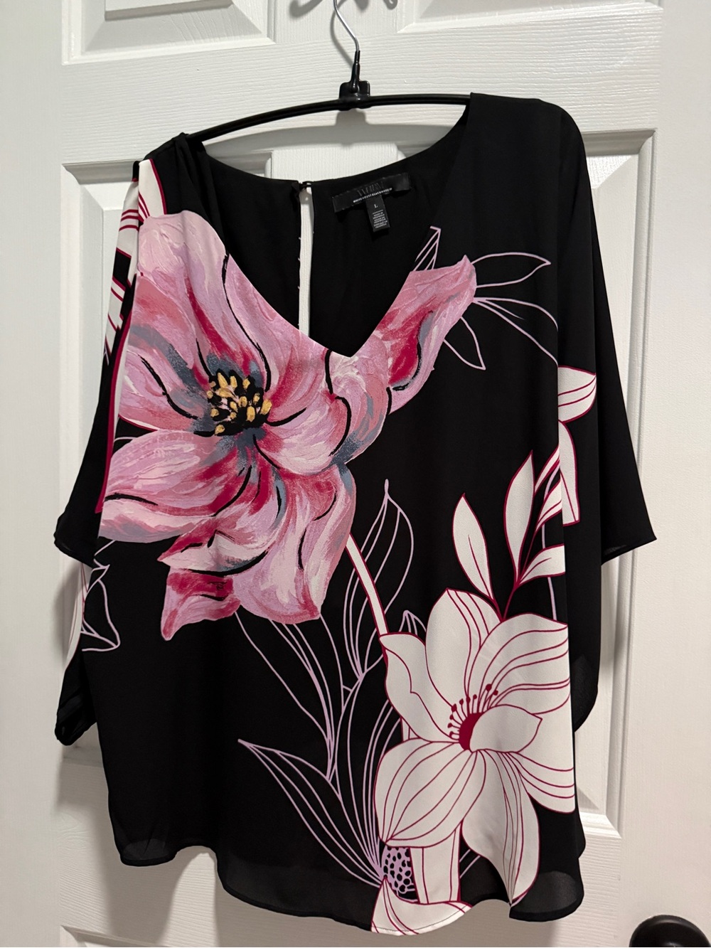 White House Black Market Black Blouse with Pink Floral Print